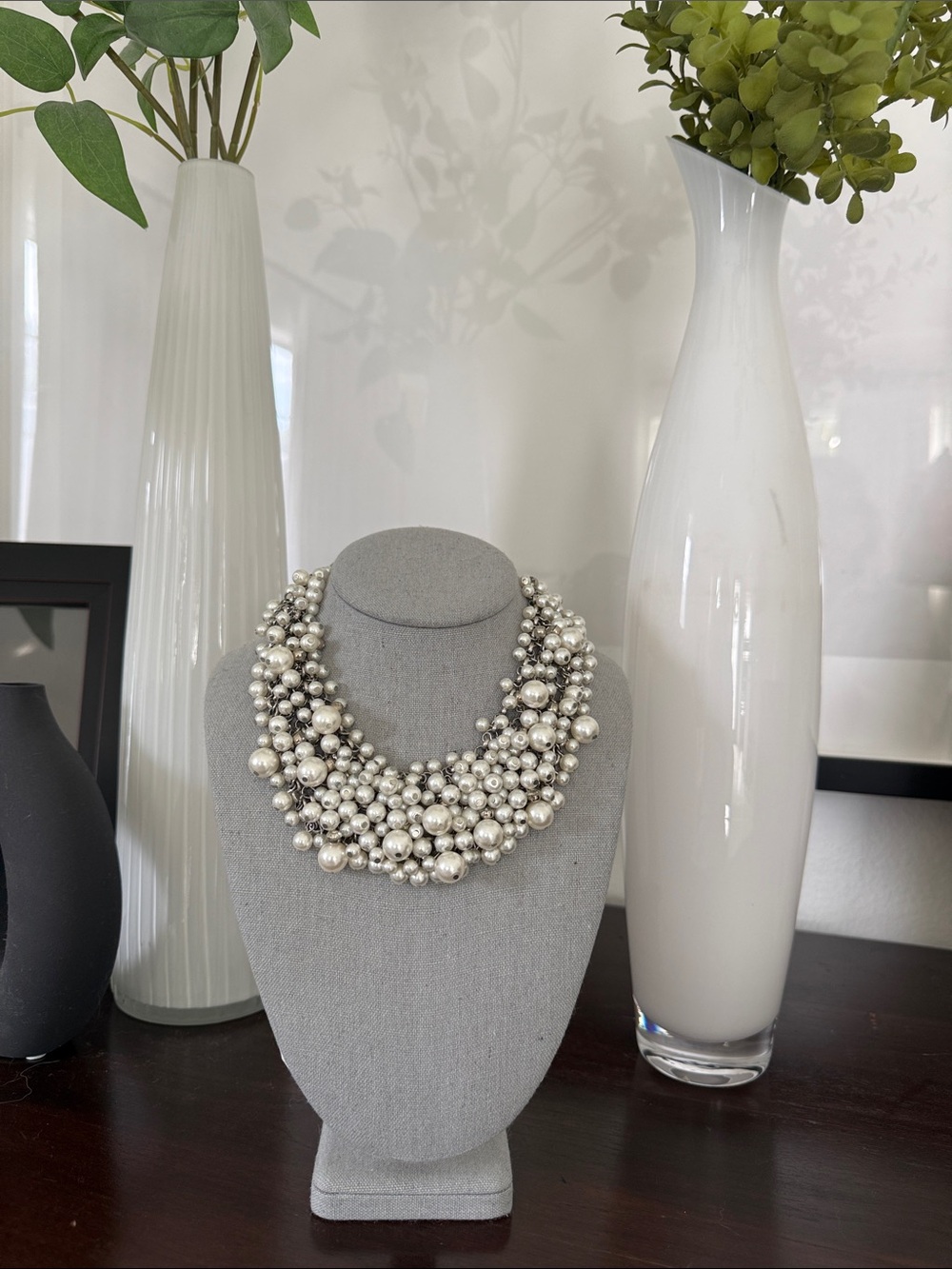 Statement Multi-Strand Pearl Cluster Necklace - Silver Tone - Picture 3 of 10